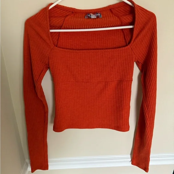 Vibrant Orange Urban Outfitters Orla Ribbed Knit Square Neck Cropped Long Sleeve - Picture 4 of 11